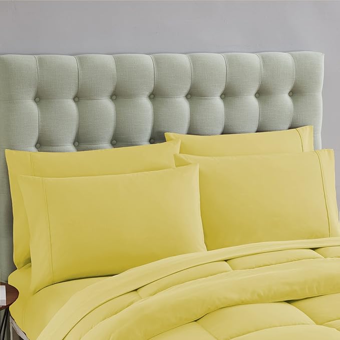 Sweet Home Collection 7 Piece Comforter Set Bag Solid Color All Season Soft Down Alternative Blanket & Luxurious Microfiber Bed Sheets, Yellow, Twin XL