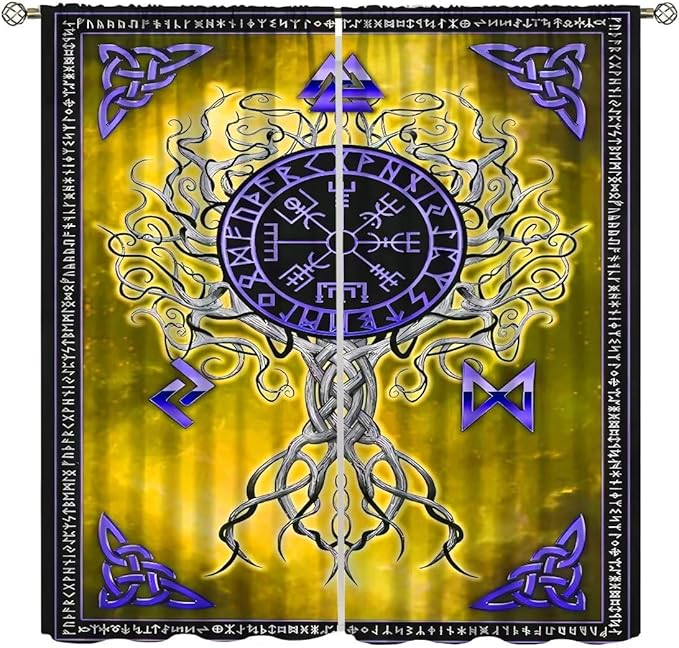 Viking Blackout Curtains Scandinavian Pirate Totem Mythology Golden Tree of Life Printed Curtain Bedroom and Living Room Decoration Blackout Curtains W84 * L84 Inch