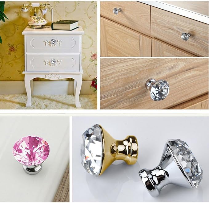 30mm Kitchen Cabinet Knobs Drawer Pull Handle Hardware, Crystal Clear Glass Round Diamond Shape Dresser Closet Bi-fold Door Bathroom Cupboard Desk Nightstand Furniture Decorative Drawer Knobs （8PCS）