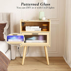 Mid Century Modern Nightstand with Charging Station, Bedside Tables with Glass Drawer, End Table Side Table with 2 Tiers Storage Space, for Bedroom, Living Room, Natural