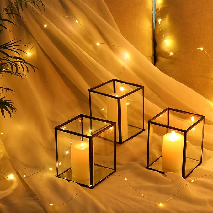 Phosphor Set of 6 PCS Small Glass Hurricane Camdle Holder, Black Candle Holder for Wedding, Party, Holiday.