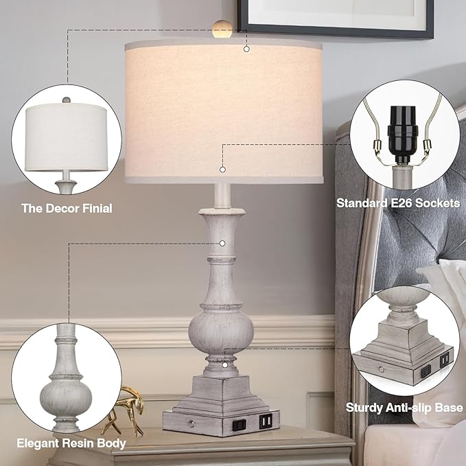 26" Farmhouse Table Lamps Set of 2, Rustic Touch Control Bedside Lamps with 2 USB Ports & AC Outlet, Vintage Resin 3-Way Dimmable Nightstand Lamp Linen Fabric Shade for Living Room Bedroom Decor Gray