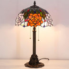 Tiffany Stained Glass Table Lamp 12X12X21Inch Resin Base Desk Bedroom Living Room Reading Light (Purple Orange Rose Flower)