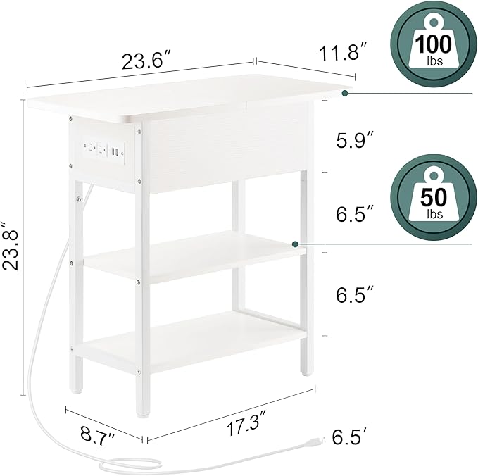 Yoobure End Table with Charging Station, Flip Top Side Table with USB Ports and Outlets, Sofa Couch Table Bedside Table for Living Room Bedroom, Narrow Nightstand with Storage Shelves for Small Spaces