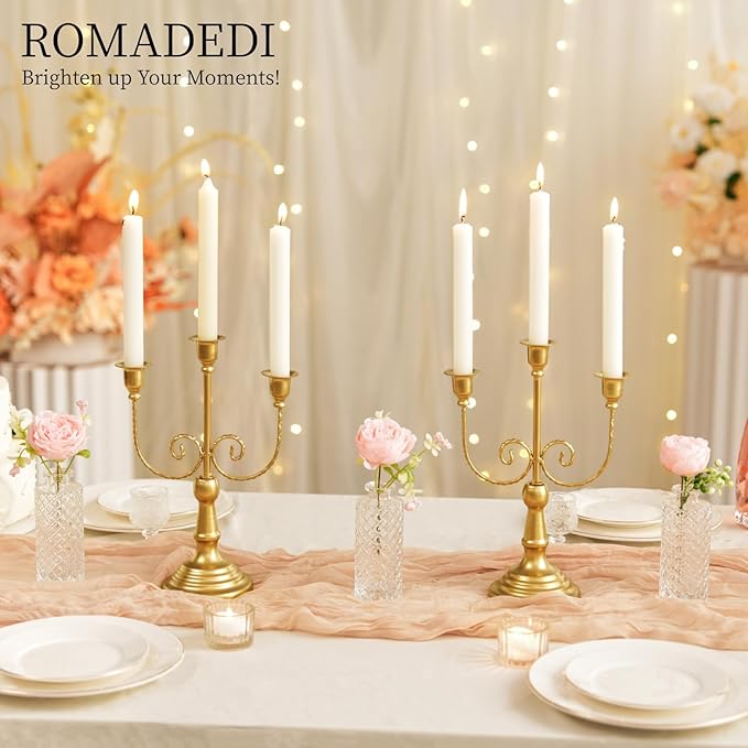 Romadedi Candelabra Gold Candle Holders - 3 Arm 11.8" Wedding Candlestick Holder for Theme Party Table Centerpiece Decor Dining Room Birthday Holiday Christmas