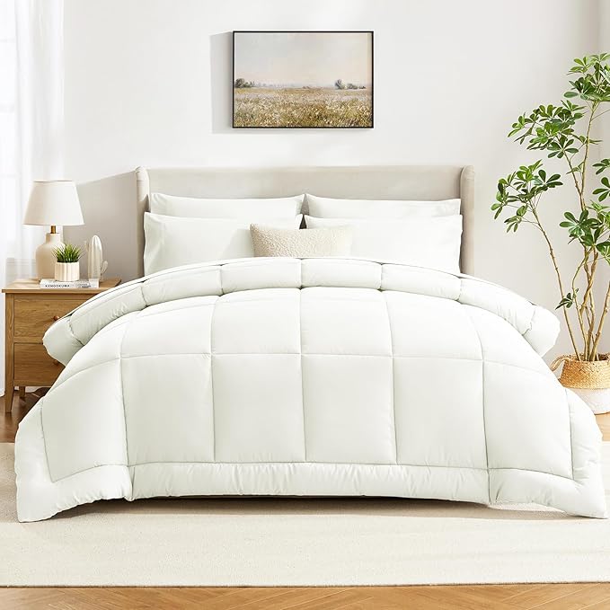 CozyLux Queen Size Comforter Set Ivory - 7 Pieces Bed in a Bag, Cream Off White Comforter Queen Size, Bedding Sets with All Season Quilted Comforter, Flat Sheet, Fitted Sheet, Pillowcases