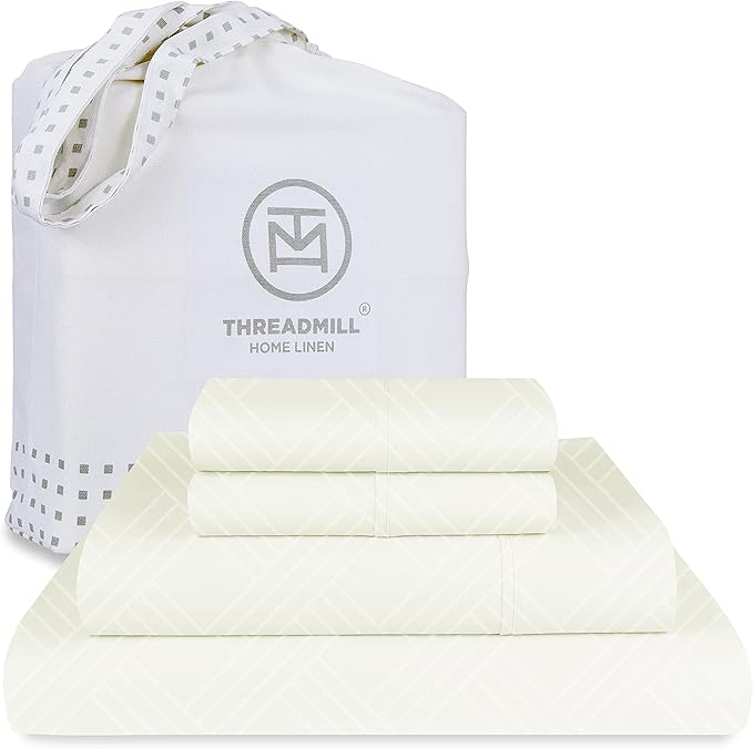 Threadmill California-King Sheets - 800 Thread Count Jacquard Celine Ivory, 100% Pure Cotton 4 Piece Striped Bed Set, Extra Long Staple Cotton, Luxury Damask Sheets with Elasticized Deep Pocket