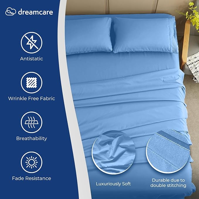 DREAMCARE Sheet Set - 4pcs Cooling Microfiber, Deep Pocket King, Hotel Luxury, Soft 100% Fine Microfiber with Side Pocket - Light Blue
