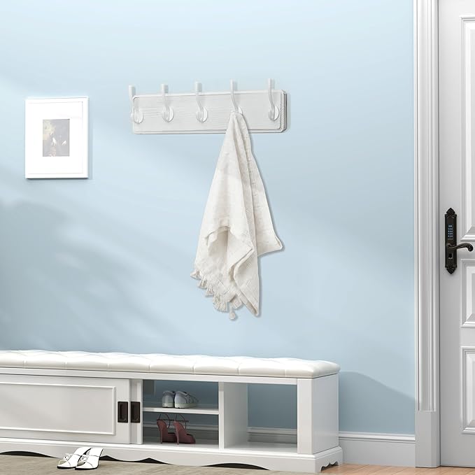 WEBI Coat Rack Wall Mount,Coat Hooks Wall Mounted,16" Hole to Hole,Large Coat Hanger Wall Hook Rack,5 Hooks for Hanging Coats,Hats,Jacket,Clothes,White