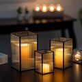 Glasseam Glass Hurricane Candle Holder: Square Black Candle Holders Set of 3 Metal Ribbed Pillar Candle Holder for Table Centerpiece Modern Small Lanterns Decorative Indoor Christmas Halloween Decor
