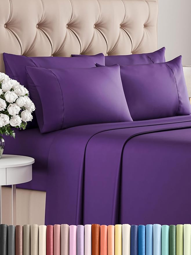 Cal King 6 Piece Sheet Set - Comfy Breathable & Cooling - Ultra-Soft Hotel Luxury Bedding Set with 8-16 Inch Deep Pockets - 1 Flat & 1 Fitted Sheet & 4 Pillowcases - Wrinkle Free & Easy Care - Purple
