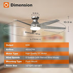 addlon Ceiling Fans with Lights, 52 inch Low Profile Ceiling Fan with Light and Remote Control, Flush Mount, Reversible, 3CCT, Dimmable, Noiseless, Nickel Ceiling Fan for Bedroom, Indoor/Outdoor Use