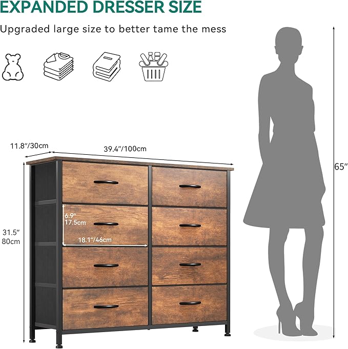 YITAHOME 8 Drawers Fabric Dresser, Furniture Storage Tower Cabinet, Organizer for Living Room, Hallway, Closet, Sturdy Steel Frame, Wooden Top, Easy-to-Pull Fabric Bins