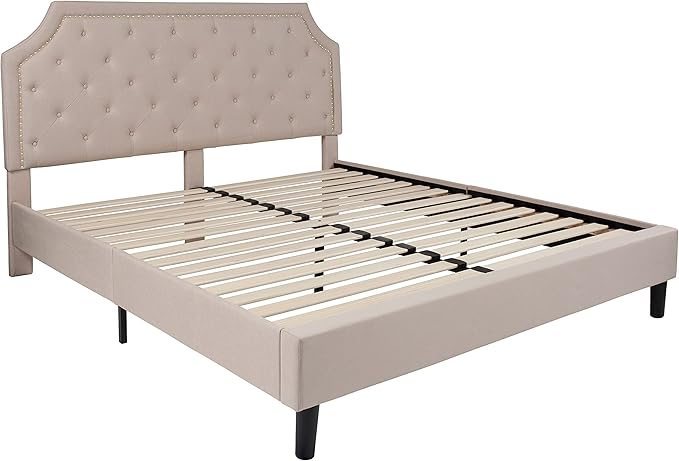 Flash Furniture Brighton Fabric Arched Tufted Upholstered King Size Platform Bed, Modern Low-Profile King Bed Frame with Headboard, Beige