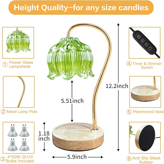 Dimmable Flower Candle Warmer Lamp, Green Candle Warmer with Timer & 4Bulbs, Birthdays Chirstmas Gifts for Women Mom, Unique Home Decor for Bedroom Fits All Jar Candle