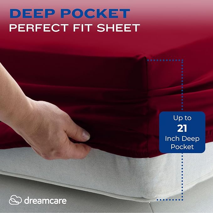 DREAMCARE Full Size Sheets – 4 pcs Cooling Sheets – up to 21” Deep Full Sheet Set – Hotel Luxury Sheets & Pillowcases – Superior Softness 100% Fine Microfiber with Side Pocket – Burgundy