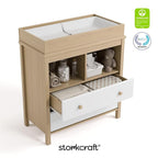Storkcraft Alpine Nursery Changing Table Dresser Combo (White with Driftwood) – GREENGUARD Gold Certified, Dresser for Nursery, Changing Table with Drawers, Removable Changing Table Topper