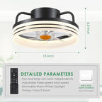 Ceiling Fans with Lights and Remote - Flush Mount Low Profile Ceiling Fans - 13” Bladeless Enclosed Ceiling Fans with Led Light and Stepless Dimming, Small Modern Ceiling Fan for Bedroom