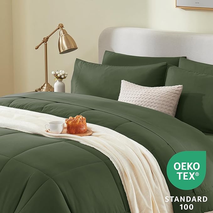 CozyLux King Size Comforter Set Olive Green, 7 Pieces Bed in a Bag, Green Comforter King Size, All Season Bedding Sets with Stitch Quilted Comforter, Flat Sheet, Fitted Sheet, Pillowcases