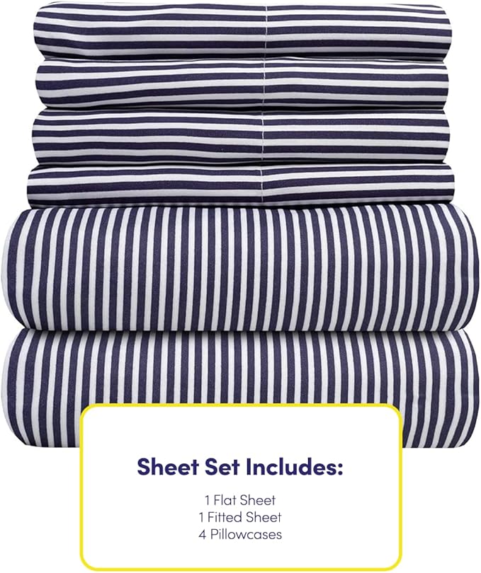 Queen Sheets Stripe Navy - 6 Piece 1500 Supreme Collection Fine Brushed Microfiber Deep Pocket Queen Sheet Set Bedding - 2 Extra Pillow Cases, Great Value, Queen, Classic Stripe Navy