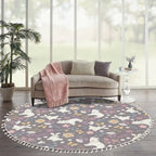 Round Rugs Autumn Forest Cute Bear Rabbit Flowers Butterflies Cartoon Boho Area Rug Linen and Cotton Carpet Meditation Rug Washable Hallway Runner Mat Accent Rug for Bedroom Bathroom 6ft