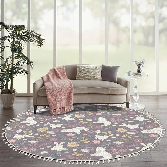 Round Rugs Autumn Forest Cute Bear Rabbit Flowers Butterflies Cartoon Boho Area Rug Linen and Cotton Carpet Meditation Rug Washable Hallway Runner Mat Accent Rug for Bedroom Bathroom 6ft