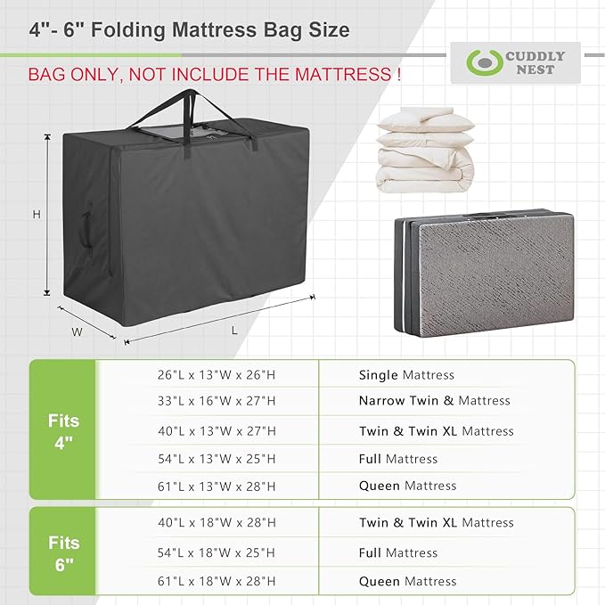 Cuddly Nest Folding Mattress Storage Bag - Heavy Duty Carry Case for Tri-Fold Guest Bed (Fits 4" Single Mattress,Black)