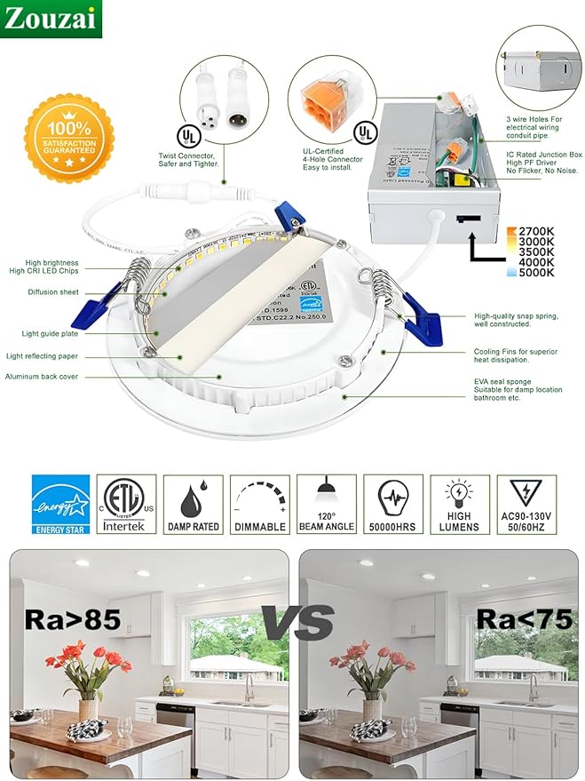 zouzai 12 Pack 6 Inch 5CCT Ultra-Thin LED Recessed Ceiling Light with Junction Box, 2700K/3000K/3500K/4000K/5000K Selectable, 12W Eqv 110W,Dimmable, led can Lights- ETL and Energy Star Certified