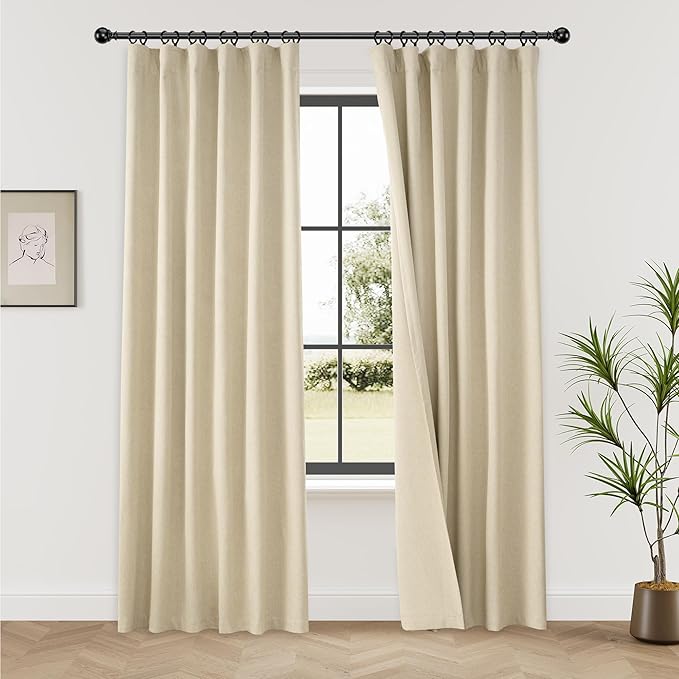 KangBang Natural Beige 72 Inch Wide Blackout Linen Curtains, Sliding Door Curtains Light Blocking Room Darkening Rustic Classy Drapes for Living Room(Back Tab/Rod Pocket/Hook Belt, 2 Panels, 72Wx84L)
