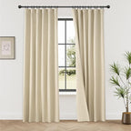 KangBang Linen Blackout Curtains 90 Inches Long, 2Pcs Black Out Beige Curtains, Farmhouse Back Tab Loop Pocket Thermal Insulated Energy Saving Drapes for Bedroom Baby Nursery, Natural Cream, 52Wx90L
