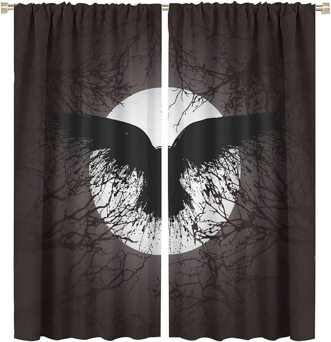 Cool Raven Print Curtains for Bedroom - Vintage Nordic Viking Theme Dead Tree Crow Full Moon Window Treatment,Energy Saving Thermal Insulated Rod Pocket Bedroom Blackout Curtains 2 Panels 72L x 31.5W