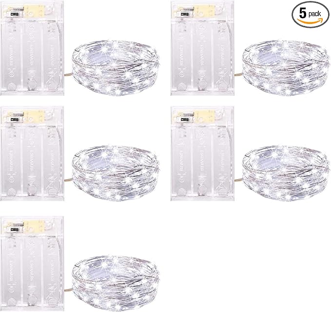 Minetom Fairy Lights Battery Operated, 5 Pack 7 FT 20 LED String Lights with Timer, Waterproof Silver Wire Fairy Lights for Bedroom Christmas Home Party Wedding Decorations, Pure White
