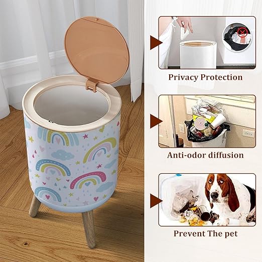 Small Trash Can with Lid Rainbow Seamless Hand Drawn Rainbow Cartoon Scandinavian Style for Garbage Bin Pet Proof Waste Basket for Kitchen Bathroom Office Bedroom Decorative 1.8 Gallon
