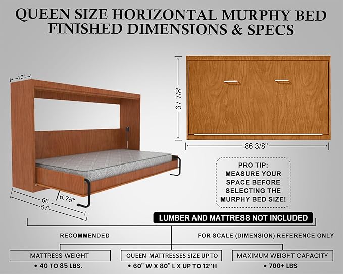 Queen Size DIY Murphy Bed Hardware Kit – Horizontal Wall bed for Space-Saving -Budget-Friendly DIY Setup -Made in USA-Hide Away Design with Horizontal Murphy Bed Queen - Bed Lift Mechanism - Pull Down