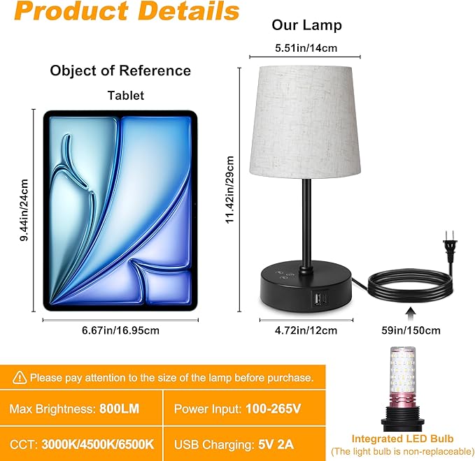Ascher Small Bedside Table lamp, RGB Color Changing Lamps, 3 Color Temperatures, Dimmable Nightstand Lamp with USB C+A Ports, Touch Desk Lamp for Bedroom Living Room, H11.4in(Flaxen Shade)