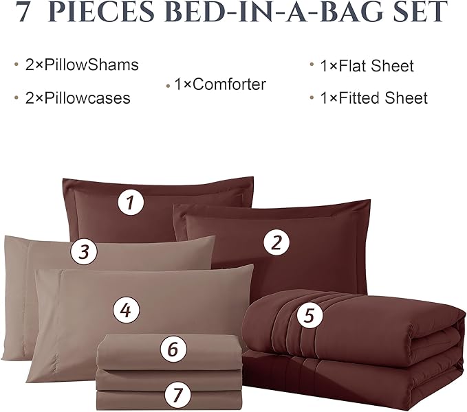 Monbix Queen Comforter Set - 7 Pieces Dark Red Bed in a Bag Queen Bedding Sets with Comforters, All Seasons Down Alternative Comforter Bed Set with Sheets, Pillowcases & Shams