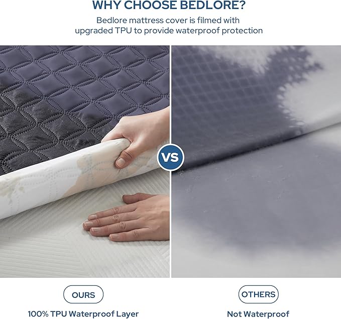 BEDLORE Waterproof Mattress Protector, Queen Size Noiseless Mattress Pad with Deep Pocket 6"-18" Depth, Soft Breathable Bed Mattress Cover Washable for Home, Bedroom, Hotel (Navy Blue)