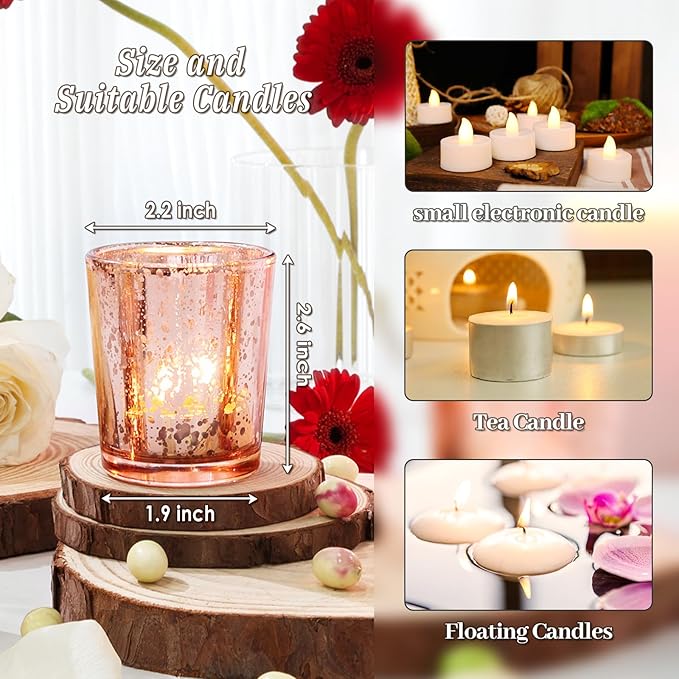 Votive Candle Holders Set of 24, Speckled Mercury Rose Gold Candle Holders for Wedding Centerpiece Table Decorations, Tealight Candle Holder for Party Bridal Shower Decor, Home Decor