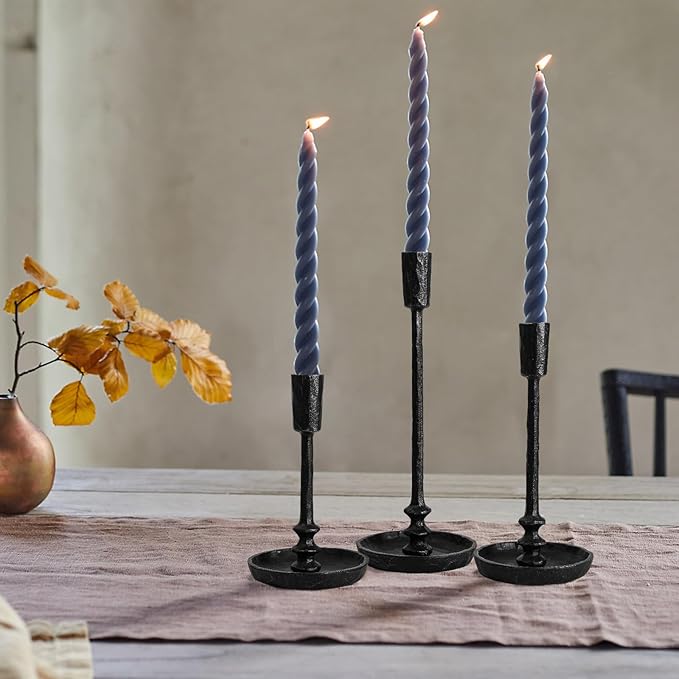 Rustic Cast Iron Taper Candle Holder - Set of 3 Vintage Candle Stands, Candlestick Holders for Wedding, Dining, Party Décor (Black)