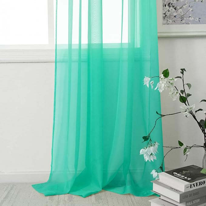 HUTO Turquoise Sheer Curtains 52 by 84 Inches Long Rod Pocket Window Sheer Drapes Home Decor Voile Panels Sheer for Bedroom Living Room Baby Room Nursery 2 Panels
