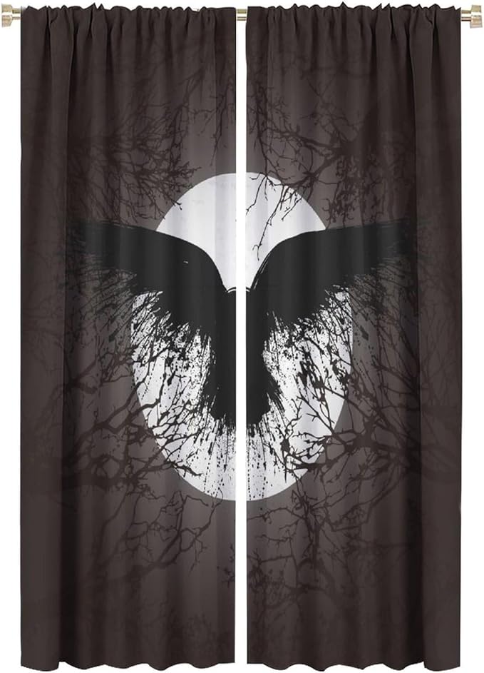 Cool Raven Print Curtains for Bedroom - Vintage Nordic Viking Theme Dead Tree Crow Full Moon Window Drapes,Energy Saving Thermal Insulated Rod Pocket Bedroom Blackout Curtains 2 Panels 63L x 21W