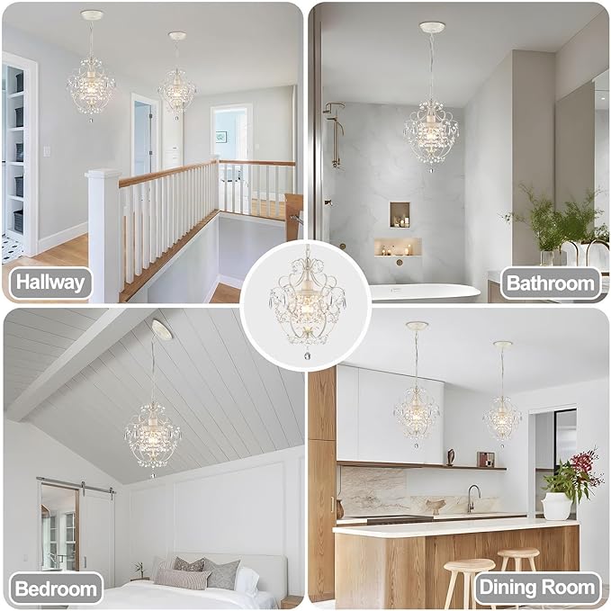 Small Crystal Chandelier for Bedroom, 90% Pre-Assembled 1 Light White Chandelier, Mini Acrylic Crystal Ceiling Light Fixture Charming for Girls Room, Closet, Bathroom, Entryway, Dining Room