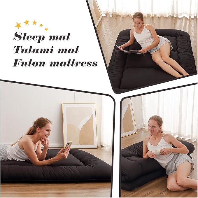 Japanese Floor Mattress, Futon Mattress with Portable Storage Bag and Washable Cover, Roll Up Thick Tatami Mat Suitable for Camping, Guest Room, Black, Full