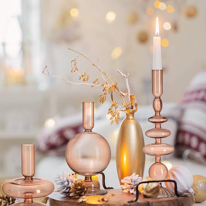 Rtteri 3 Pcs Glass Candlestick Holders Glass Candle Holders Groovy Wavy Elegant Taper Candle Stick for Wedding Home Birthday Party Christmas Halloween Decoration Windowsill Decor(Light Brown)