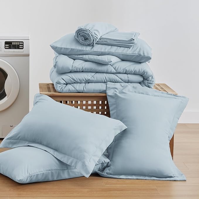 Love's cabin Queen Comforter Set Light Blue, 7 Pieces Queen Bed in a Bag, All Season Bedding Sets with 1 Comforter, 1 Flat Sheet, 1 Fitted Sheet, 2 Pillowcase and 2 Pillow Sham
