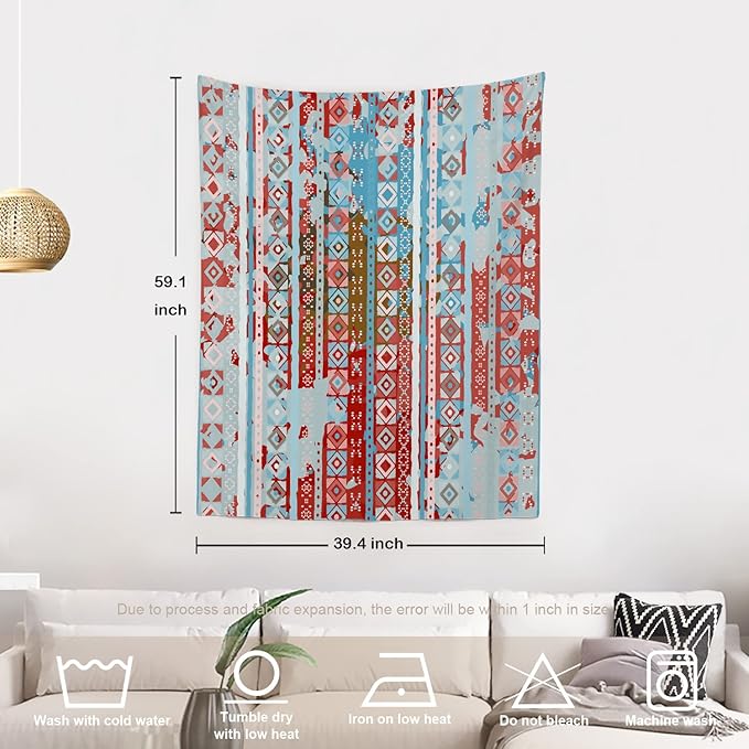 Batmerry Blue Grey Boho Garbage Tapestry, Red Wall Art Hanging Decoration Polyester Fiber White Ruffled Around for Dorm Room Bedroom Living Room, 59.1x39.4 inches