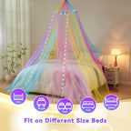 Obrecis Rainbow Bed Canopy for Girls, Princess Canopy Bed Curtains with 24 Colors Star Lights,Twin Bed Canopy Fits Single, Twin, Full, Queen Size Kids Bed