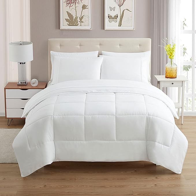 Sweet Home Collection 5 Piece Comforter Set Bag Solid Color All Season Soft Down Alternative Blanket & Luxurious Microfiber Bed Sheets, White, Twin