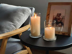 Vixdonos Hurricane Glass Candle Holders Set Pack 2 Serrated Round Candle Stand for Pillar Candles Modern CandleHolders with 5.1" 7.1" Tall Cylinder Chimney Cover for Outdoor Wedding Decor