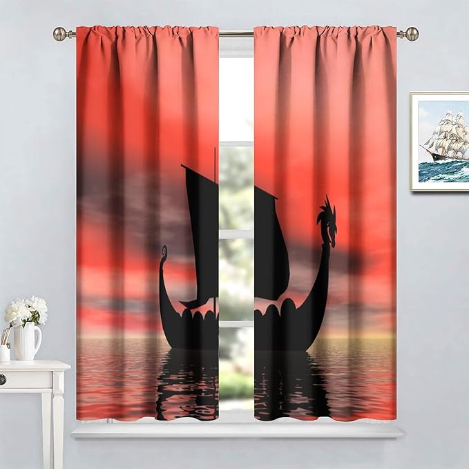 Viking Ship Curtains, Fantasy Ocean Vintage Sailboat at Sundown Nautical Themed Print Blackout Window Treatments for Boys Bedroom Living Room 84x84in